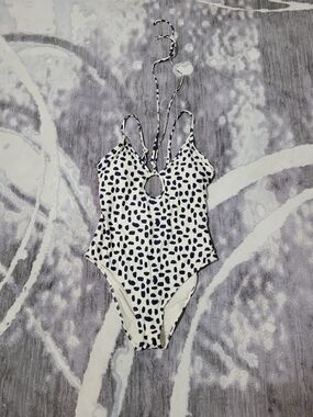 aerie White One-Piece Swimsuit with Navy Spot Print and Keyhole Size M